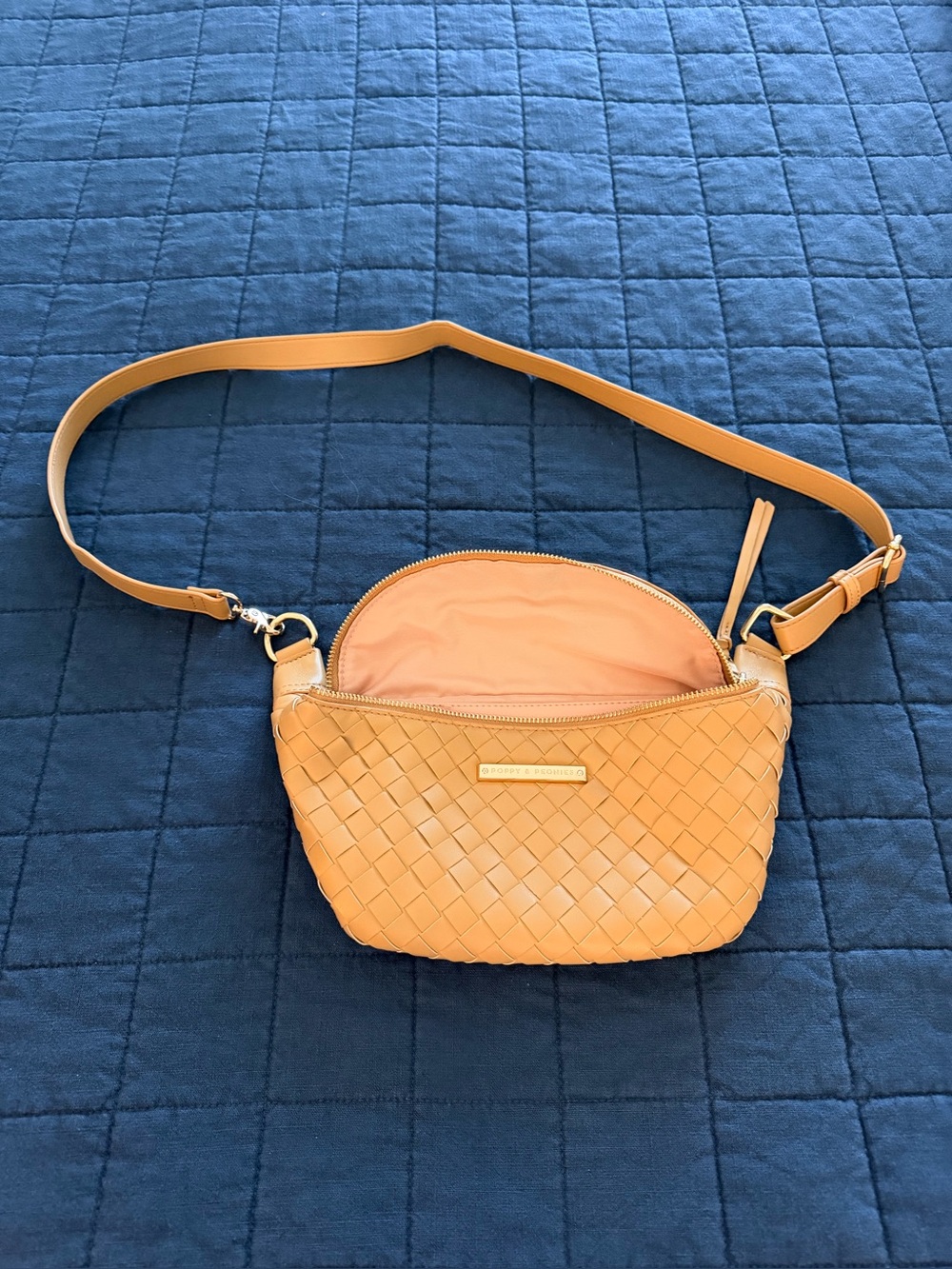 Poppy & Peonies woven Saddle Crossbody in Camel Tan